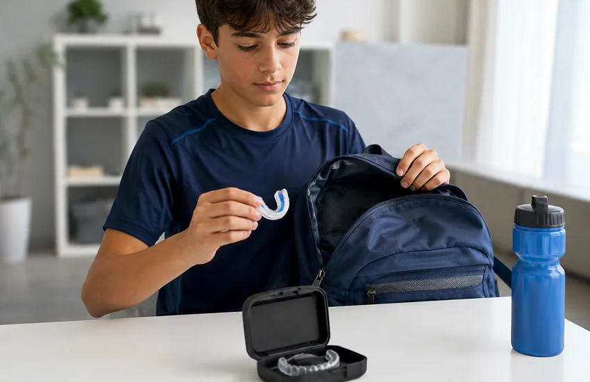Adolescente preparando su protector bucal antes de hacer deporte con ortodoncia y revisión profesional