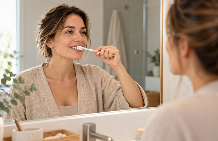 Mujer cepillándose los dientes con suavidad frente al espejo durante su rutina de higiene bucal.
